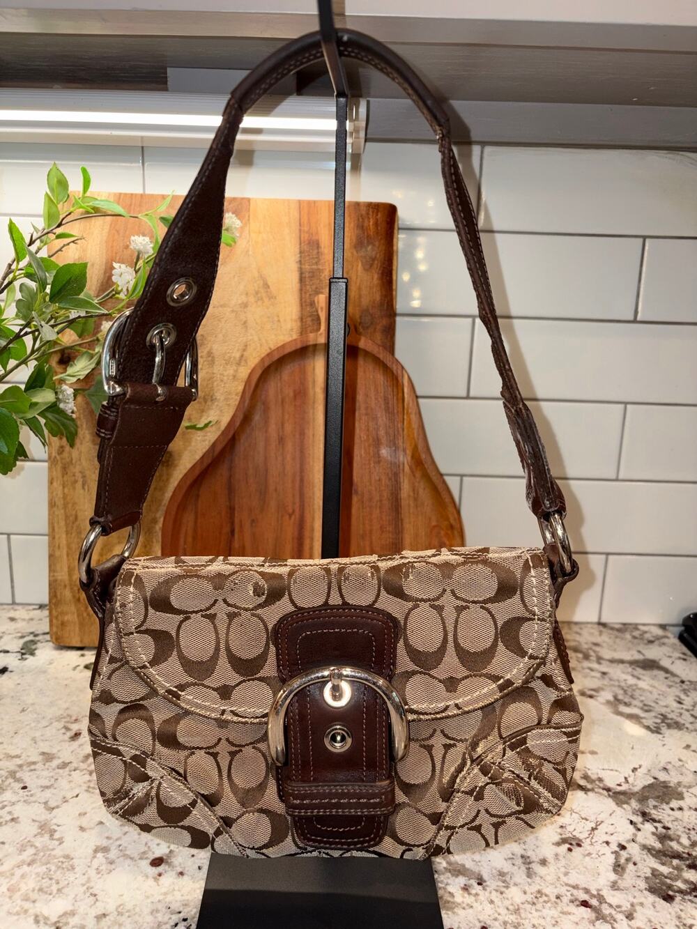 Vintage Coach Soho Mini Buckle Flap Y2K Brown Signature Canvas Purse Preowned